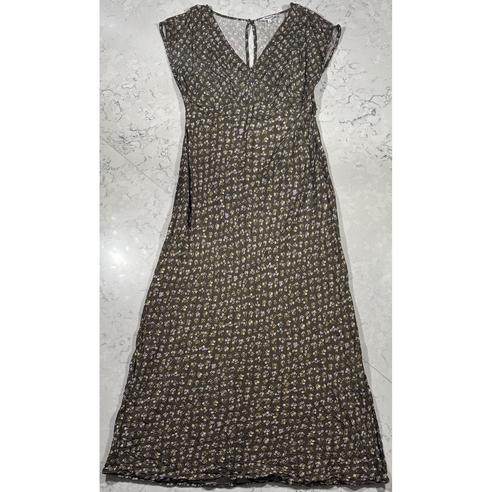 Madewell Midi Dress Womens 6 Green Floral Wide V-Neck Cupro Blend NO116